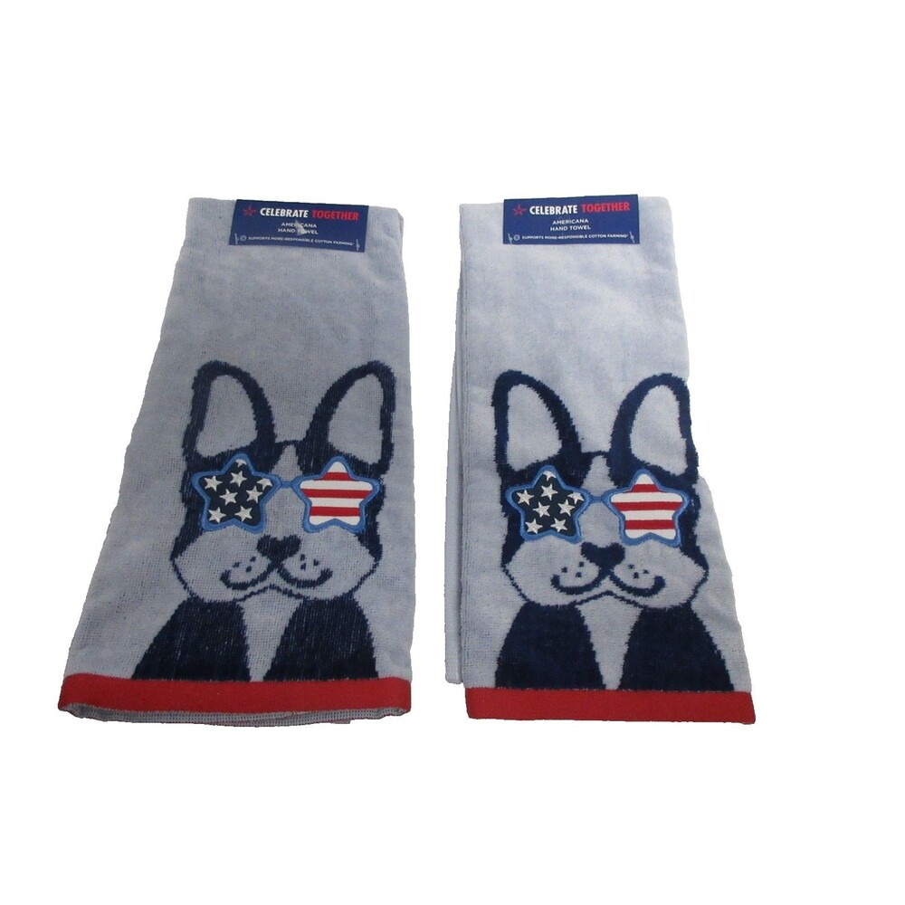 Set of 2 Americana Patriotic Dog Hand Towels Boston Terrier Stars & Stripes Kitc